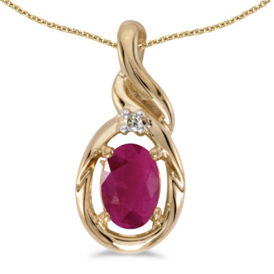 14 Karat Gelbgold Oval Rubin und Diamant Anhänger mit 18 Zoll Kette