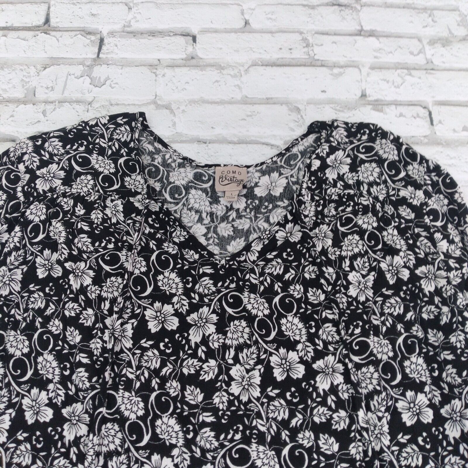 Como Vintage Shirt Womens Large Black Floral Long… - image 2