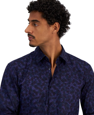 HUGO BOSS Ermo Casual Cotton Shirt Abstract Pattern Kent Collar Slim Fit -Size M