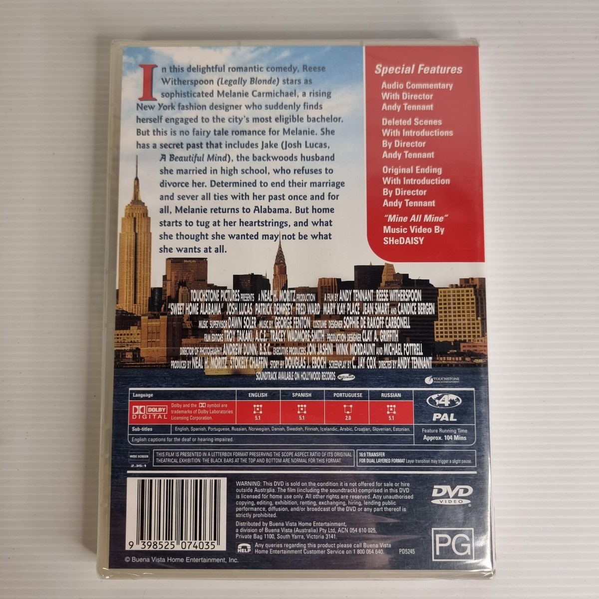 Sweet home Alabama DVD, 2002, PAL Region 4, Reese Witherspoon, New