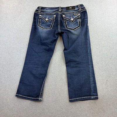 Miss Me Jeans Womens 30 Blue Wash Signature Cuffed Capri Rhinestone Embellished