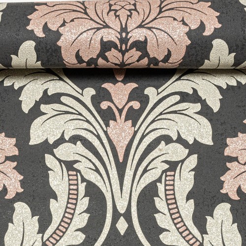 Black Damask Wallpaper Floral Pink Silver Cream Glitter Textured Vinyl Feature - Picture 4 of 8