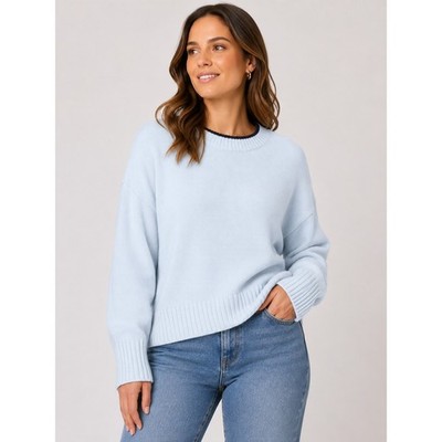 525 America Women Light Blue Shaker Knit Cotton Sweater Oversized CrewNeck L NEW