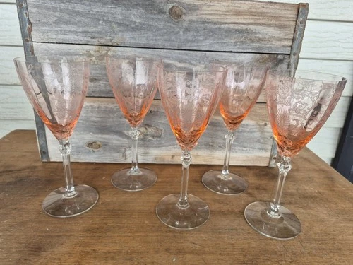 Vtg 1930s Fostoria Glass Pink Set of 5 Wine/Water Goblets 8.5"