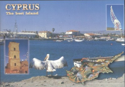 Zypern Postkarte Die beste Insel Pelikan Hafen Turm Karte Topographisch