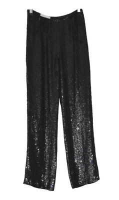 C0 Auth BADGLEY MISCHKA Black 100% Silk All Sequin Straight Trouser Pants Size 6
