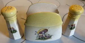 Vintage 1980s Mushroom Napkin Holder, Salt & Pepper Set. Unique-Signed & Dated