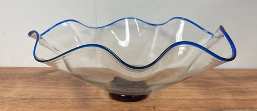 Blenko Art Glass Vintage Blown Cobalt Rim Waved Edge Bowl 18” Round