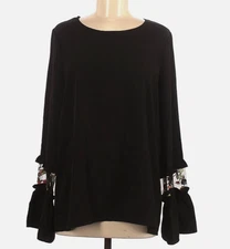 Pleione Anthropologie Blouse Women L Black Floral Embroidered Mesh Bell Sleeve