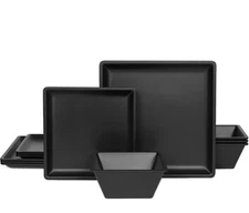 12Pcs Melamine Square Dinnerware Set Plates Bowls Dishes Dishwasher Safe Black