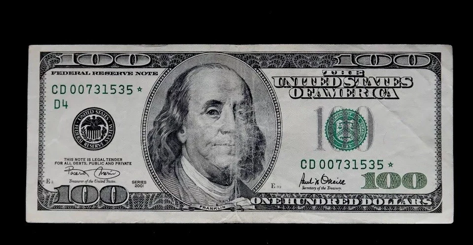 2001 $100 Dollar Star Note Federal Reserve Cleveland Serial # CD00731535* - Image 3 of 4