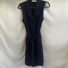 Halston Navy Dress Womens Size 8 Linen Blend Belted Sleeveless Career Business