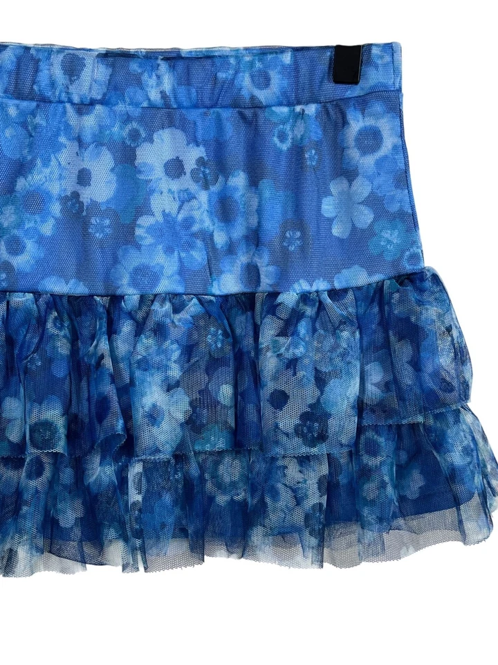 Justice Girls 14 Blue Floral Tiered Mesh Skort Ruffle Pull-On Skirt Shorts - Image 4 of 4