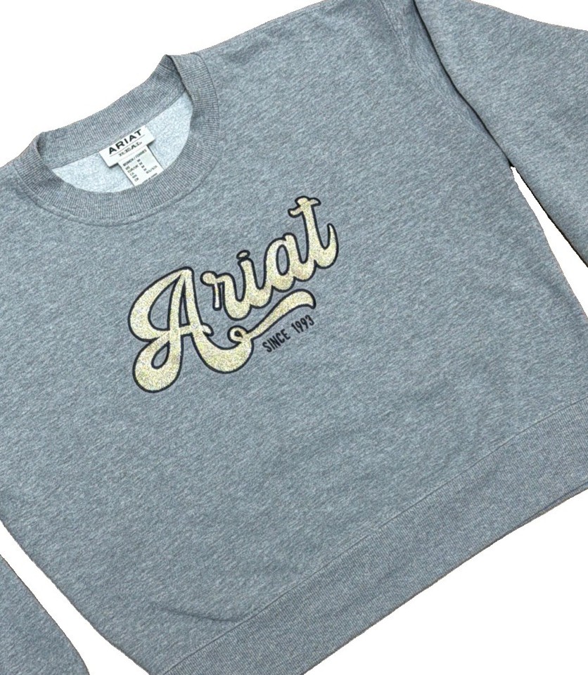 ARIAT Size M Ladies REAL METALLIC VARSITY LOGO Grey SWEATSHIRT