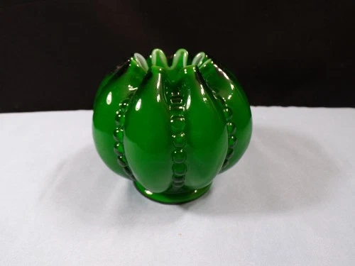 Fenton Ivy Green Overlay Glass Beaded Melon Rose Bowl Vase 3 1/4" Tall INV3
