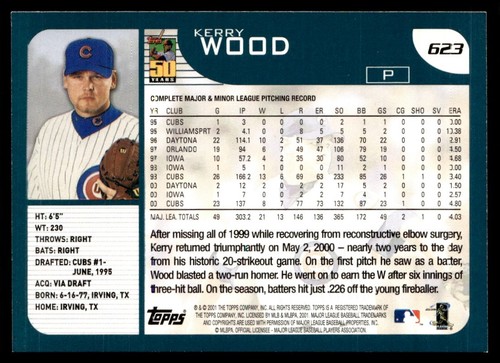 2001 Topps Kerry Wood Chicago Cubs #623 - Picture 2 of 2