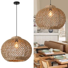 13.77" Woven Rattan Pendant Light,Hand-Woven Water Plants Rattan Chandelier 1...
