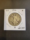 1916-D Walking Liberty Half Dollar, Obv Mint Mark Good Condition