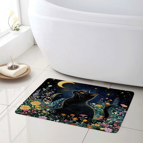 Starry Colorful Wildflower Funny Black Cat Shower Curtain Set for Bathroom Decor - Picture 13 of 23