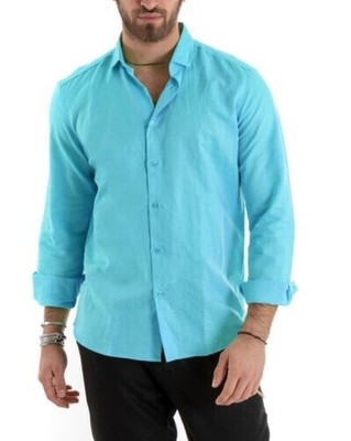 Chemise Homme Col Couleur Unie Turquoise Lin Manches Longues