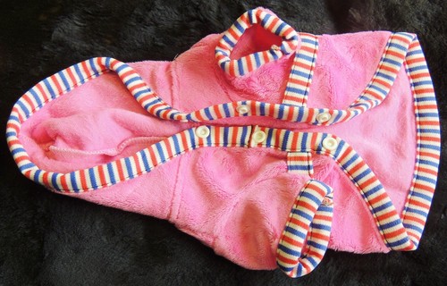 Canine Plush Hooded Coat X-Small Toy Dog Pink w/ Red White & Blue Trim Bow Snaps - Picture 3 of 4