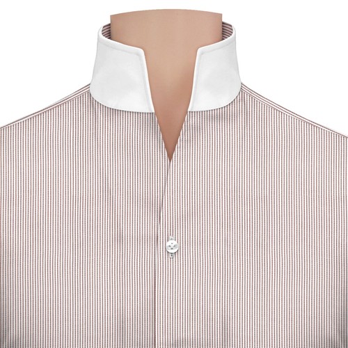 Camisa Preppy Diseñador Para Hombre Cuello Alto Abierto Sin Botones Granate Claro Rayas - Imagen 3 de 9