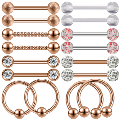 16Pcs/Set Stainless Steel BCR Nose Ring 14g CZ Tongue Nipple Piercing Jewelry - Picture 1 of 36