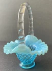 VINTAGE FENTON SMALL BLUE OPALESCENT HOBNAIL BASKET RUFFLED CRIMPED RIM 6”