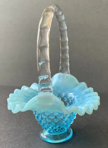 VINTAGE FENTON SMALL BLUE OPALESCENT HOBNAIL BASKET RUFFLED CRIMPED RIM 6”