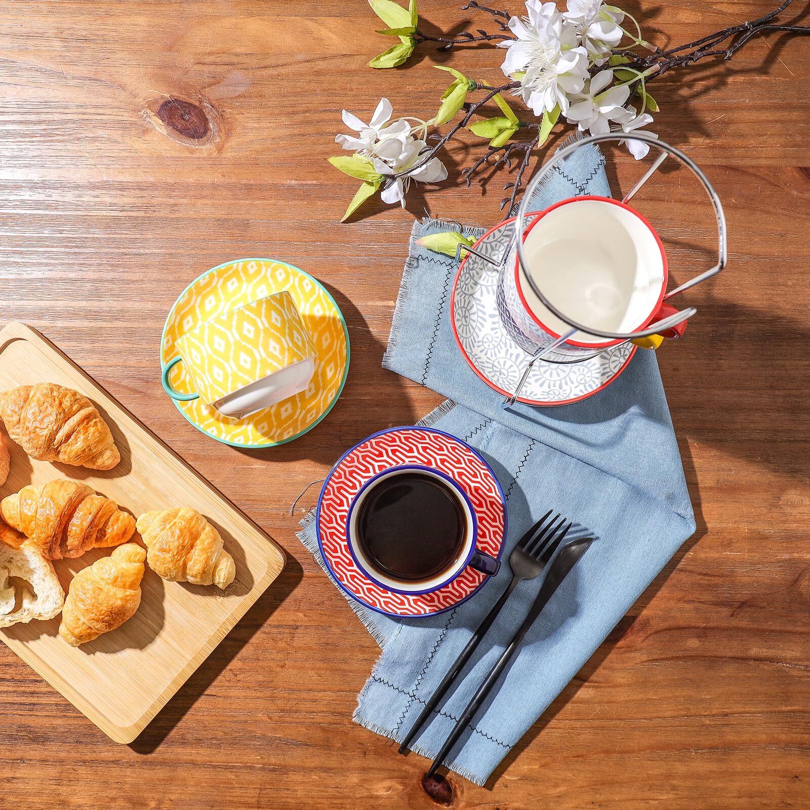 Ceramic Cappuccino Cups With Saucers And Metal Stand 8 Oz Stackable Espresso Cof