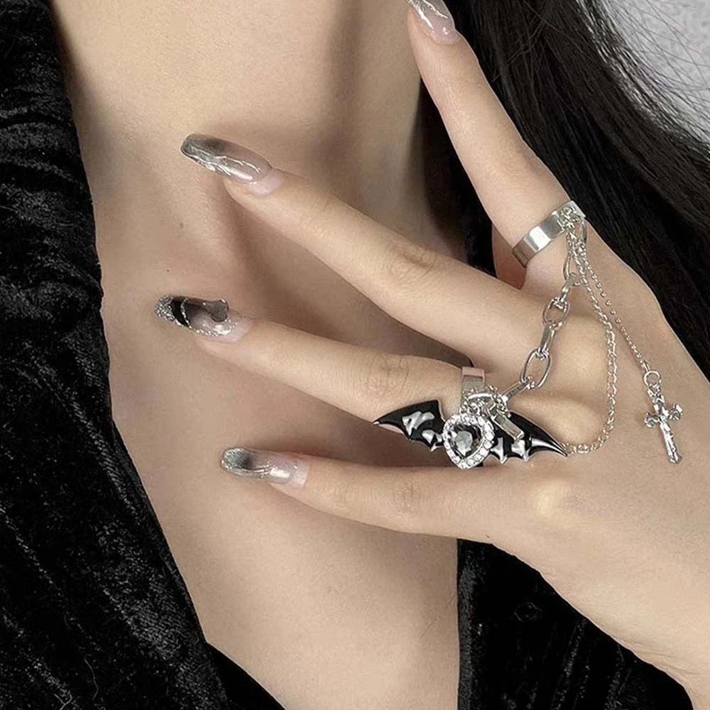 Love Double Finger Ring with Chain Cross Rhinestone Finger Buckle