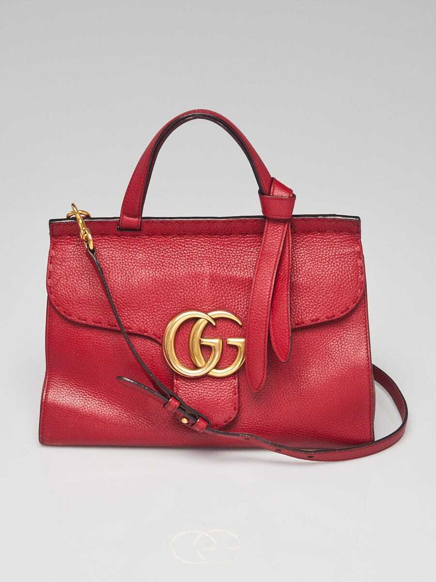 Gucci Red Pebbled Leather Marmont Top Handle Bag