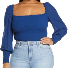 Reformation Blouse Top Womens 3X Blue Smocked Caspian Square Neck Long Sleeve