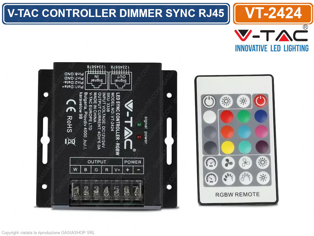 V-TAC VT-2424 CONTROLLER DIMMER SYNC RJ45 PER STRISCE LED RGB+W 4 CANALI DA 6A-