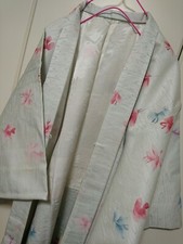 Woman Japanese Kimono Haori Jacket Silk Pale Blue Pink Blue Purple Flower