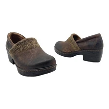 BORN CONCEPTS Womens 9 Leather Clogs Daphnis Wedge Knit Trim Distressed Chunky