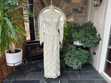 Vintage 1990s Ivory Satin and Alencon Lace Wedding Dress with Deep V Open Back