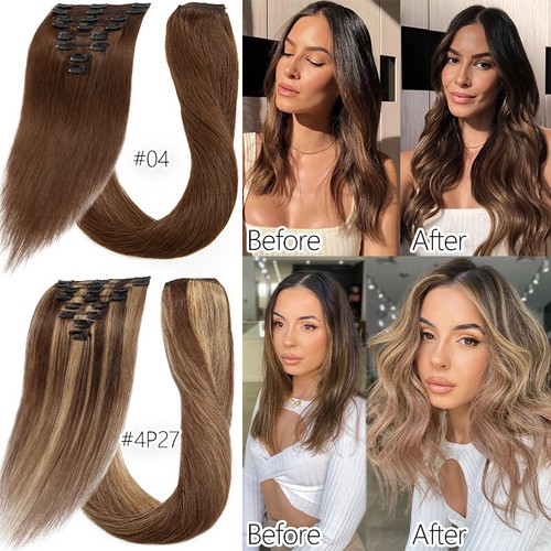 "Extensiones de cabello humano real 100 % Remy con clip para cabeza completa resaltado ombre EE. UU. 8""-24" - Imagen 4 de 46