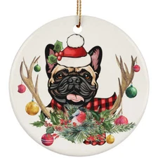 Cute French Bulldog Dog With Antlers Reindeer Flower Xmas Circle Ornament Gift