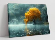YELLOW TREE BY LAKE CONTEMPORARY DECOR DEEP FRAMED CANVAS WALL ART PICTURE PRINT