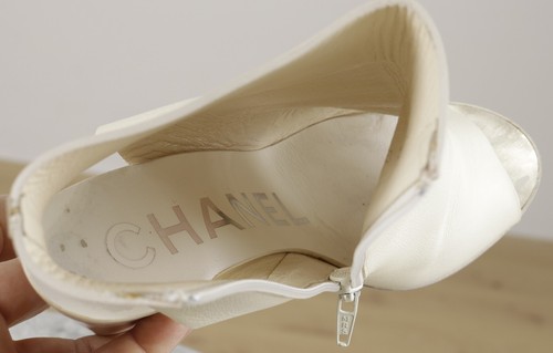 Chanel CC Logo Beige Leather Peep Toe Wedge Ankle Boots Size 37C - Picture 11 of 22