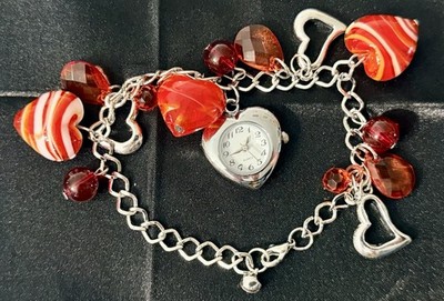 Heart Charm Bracelet Watch Silver Tone Red Crystal Beads Quartz New Battery