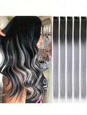 5pcs 20 Inch Multicolor Ombre Black To Silver Straight Synthetic Clip-In Hair