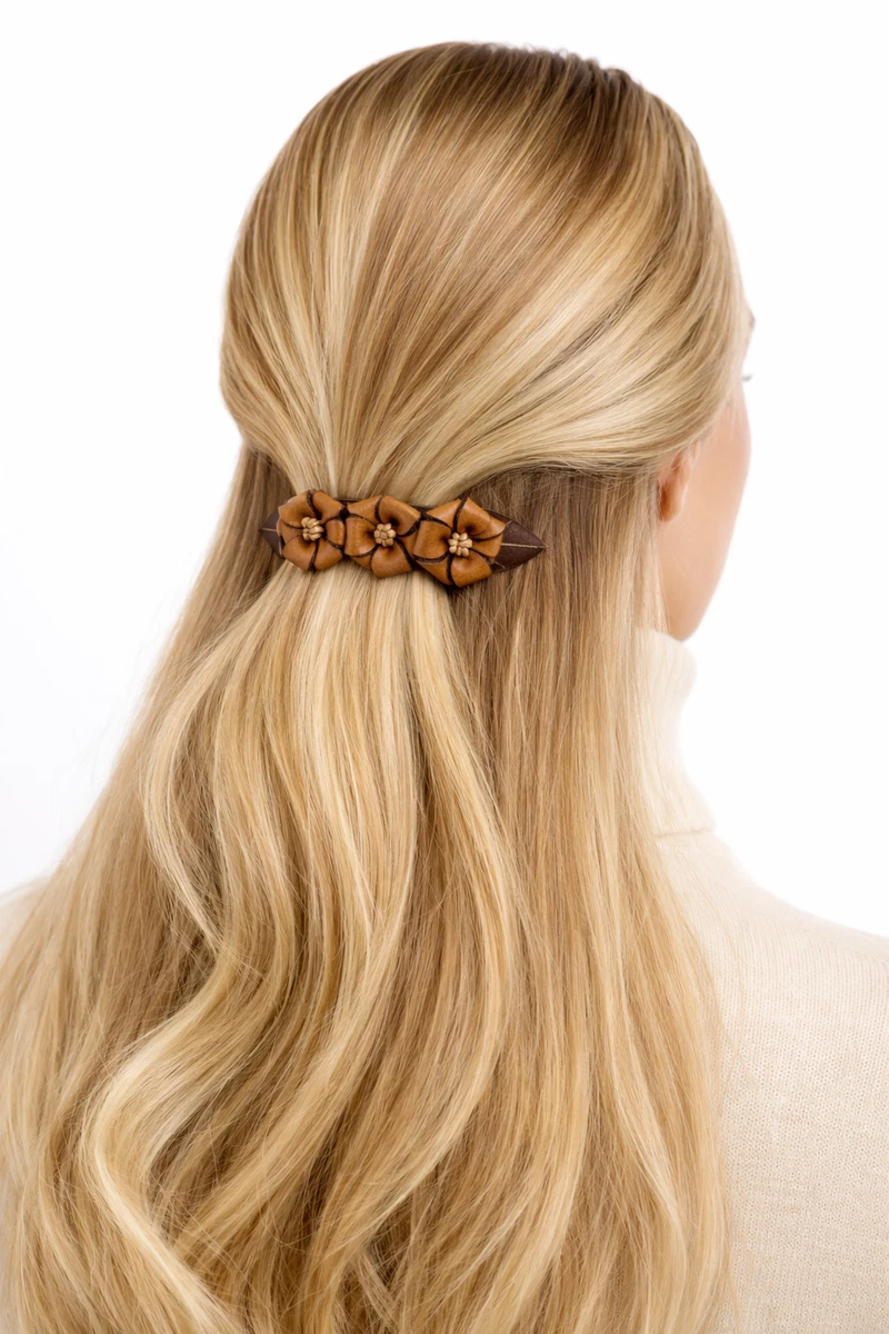 Vintage Colette Malouf Brown Leather & Wood Hair Slide Barrette Leather Brown Hair Hair Clips for Women for sale | eBay main image 4