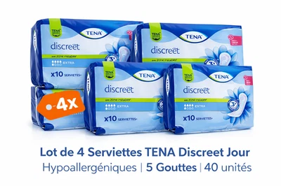 Lot de 4 Serviettes TENA Discreet Jour – Hypoallergéniques – 5 Gouttes – 40 Unit - Photo 1/2