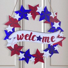 July 4th Patriotic Wooden Wreath for Memorial Day Front Door Welcome Sign
