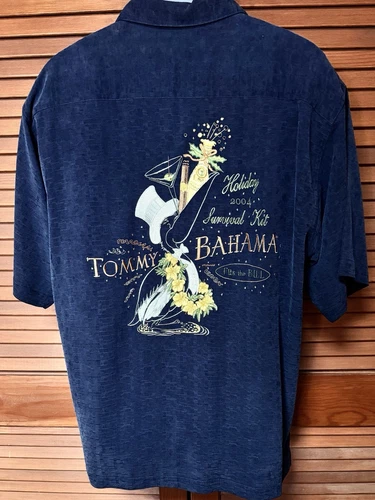 Tommy Bahama Med Silk Embroidered 2004 HOLIDAY SURVIVAL KIT Hawaiian Camp Shirt