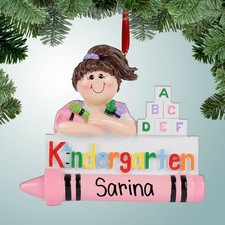 Personalized Kindergarten Girl Holding Crayons - Brown Hair Ornament