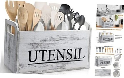White Kitchen Utensil Holder Rustic Large Wooden Utensil Organizer Cooking 