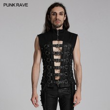 Punk Rave Men Black Gothic Punk Personality Front Buckle Hollow Vest Slim Tops